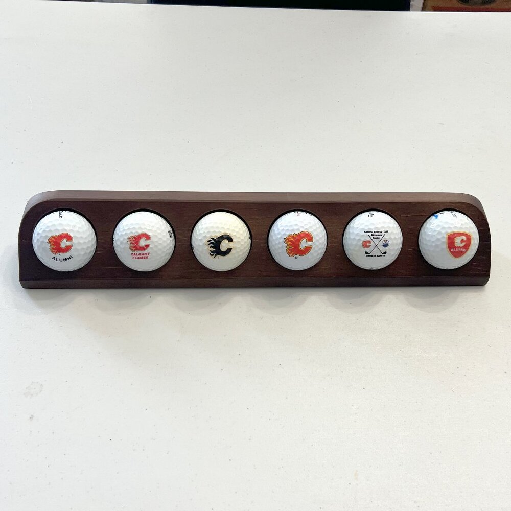 Calgary Flames 6 Logo Golf Balls in a Natural Wood Display Rack!